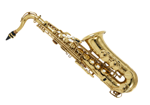 Gold saxophone musical instrument wind instrument jazz music studio shot isolated transparent background vector graphic design element - Powered by Adobe