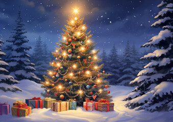 Sparkling Christmas tree decorated with golden lights and red ornaments in snowy forest, cozy festive holiday atmosphere.