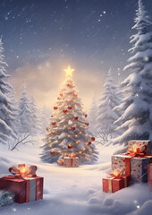 Sparkling Christmas tree decorated with golden lights and red ornaments in snowy forest, cozy festive holiday atmosphere.