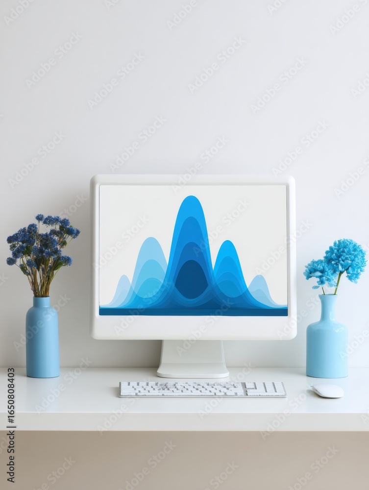 Poster Modern Workspace Featuring a Computer With Abstract Blue Art and Floral Decor in a Minimalist Setting