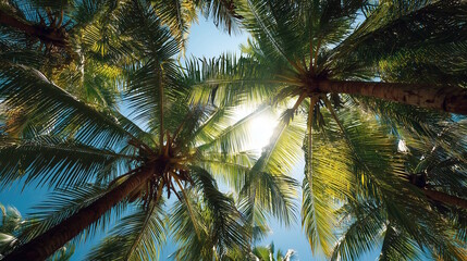 Fototapeta premium Lush green palm trees reaching towards a bright sun, creating a vibrant tropical atmosphere, with clear blue sky visible through the foliage, evoking a sense of relaxation and nature's beauty