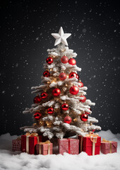 Sparkling Christmas tree decorated with golden lights and red ornaments in snowy forest, cozy festive holiday atmosphere.