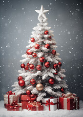 Sparkling Christmas tree decorated with golden lights and red ornaments in snowy forest, cozy festive holiday atmosphere.