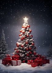 Sparkling Christmas tree decorated with golden lights and red ornaments in snowy forest, cozy festive holiday atmosphere.