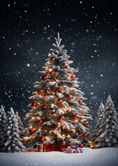 Sparkling Christmas tree decorated with golden lights and red ornaments in snowy forest, cozy festive holiday atmosphere.