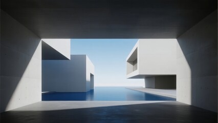 Obraz premium Modern architectural space with a minimalist design featuring geometric shapes and a reflective pool.