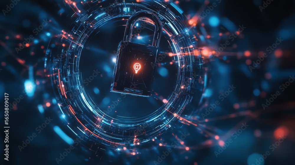 Poster securing the future a cyber lock hovers over a network of connected devices in a digital landscape