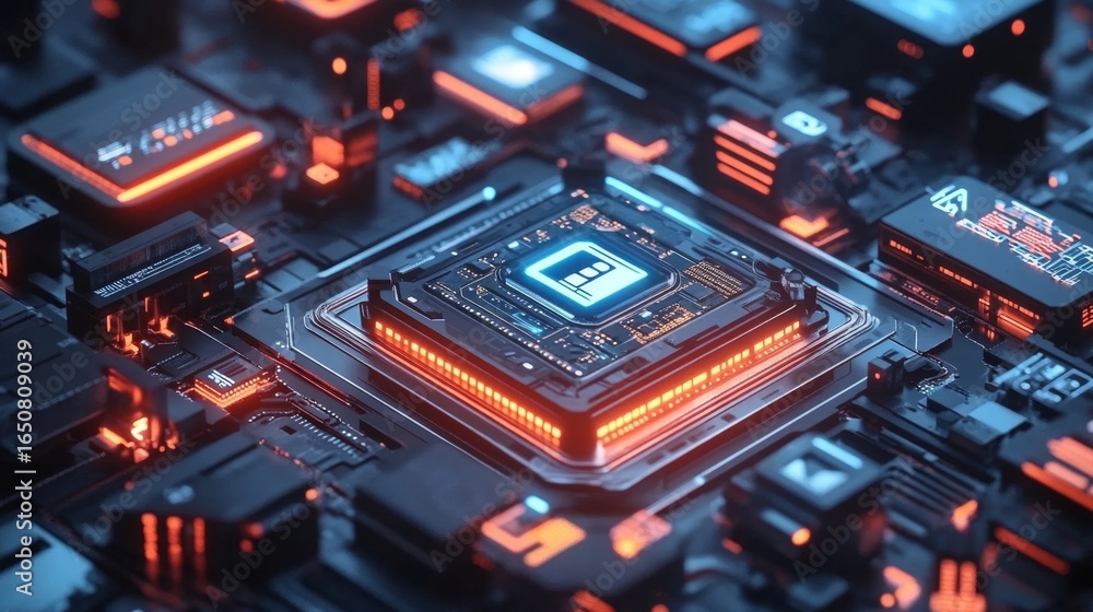 Poster securing the future cyber lock surrounded by floating technology icons in a digital landscape