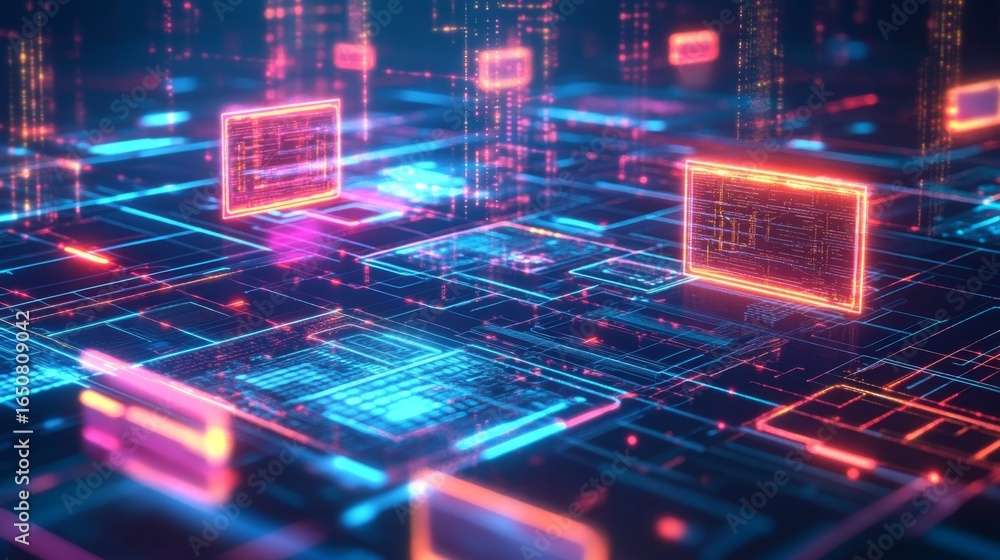 Poster exploring a cyberspace-inspired digital environment virtual interactions in a futuristic landscape