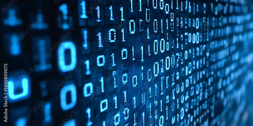 Poster stream of glowing binary code on a dark blue background. data flow pattern for abstract digital tech