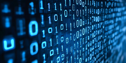 Stream of glowing binary code on a dark blue background. Data flow pattern for abstract digital technology concept.