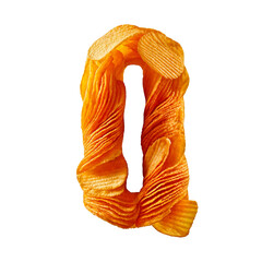 A letter Q made from stacked golden potato chips, crisp and textured, floating on a white background with a soft shadow, playful and appetizing.