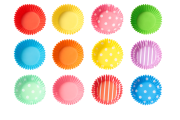 Set of colorful cupcake liners in various patterns isolated on transparent background