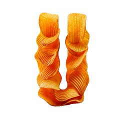 A letter U made from stacked golden potato chips, crisp and textured, floating on a white background with a soft shadow, playful and appetizing.