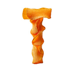 A letter T made from stacked golden potato chips, crisp and textured, floating on a white background with a soft shadow, playful and appetizing.