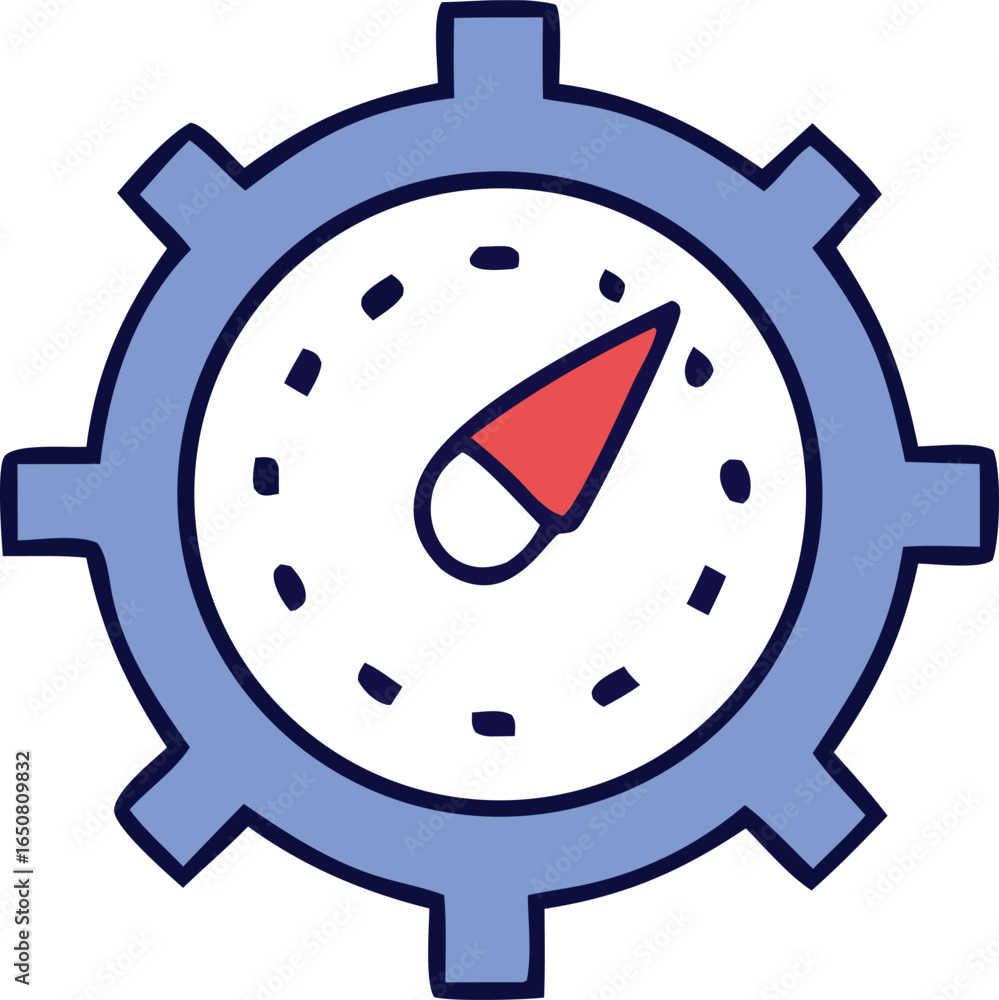 Poster stylized cogwheel icon featuring a simple gauge with a red arrow indicating performance or speed