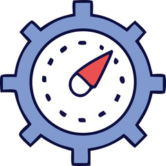 Stylized cogwheel icon featuring a simple gauge with a red arrow indicating performance or speed