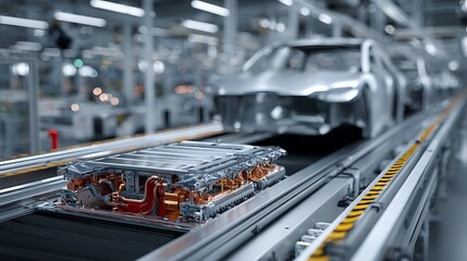 Obraz premium Electric Car Battery Pack on Assembly Line in Automotive Factory