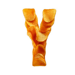 A letter Y made from stacked golden potato chips, crisp and textured, floating on a white background with a soft shadow, playful and appetizing.