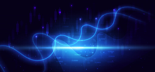 Stock market candlesticks glowing light effedct on dark blue background.