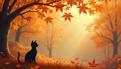 Black cat sitting under autumn trees with orange leaves  