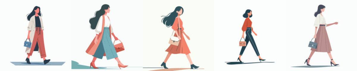 Stylish Flat Illustration of Diverse Woman Walking in Various Fashion Outfits