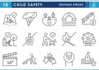 A set of line icons related to Child Safety. Child, ban, adult, shield, warn, prohibit, and so on. Vector editable stroke.