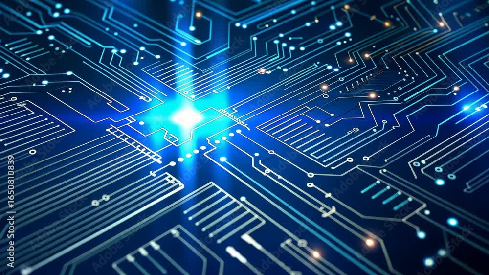 Poster blue technology background with ai chip circuit elements vector