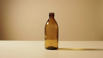 Gloved hand placing amber bottle on beige table, neutral background; product display - Powered by Adobe