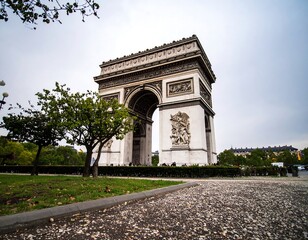 Obraz premium Arc de Triomphe Majestic View, A Parisian Landmark Under Cloudy Skies