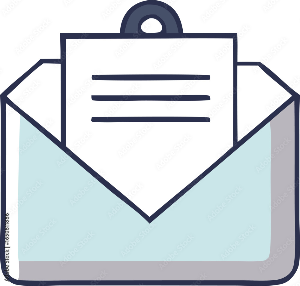 Poster open envelope with a document inside featuring a clip at the top representing communication and info