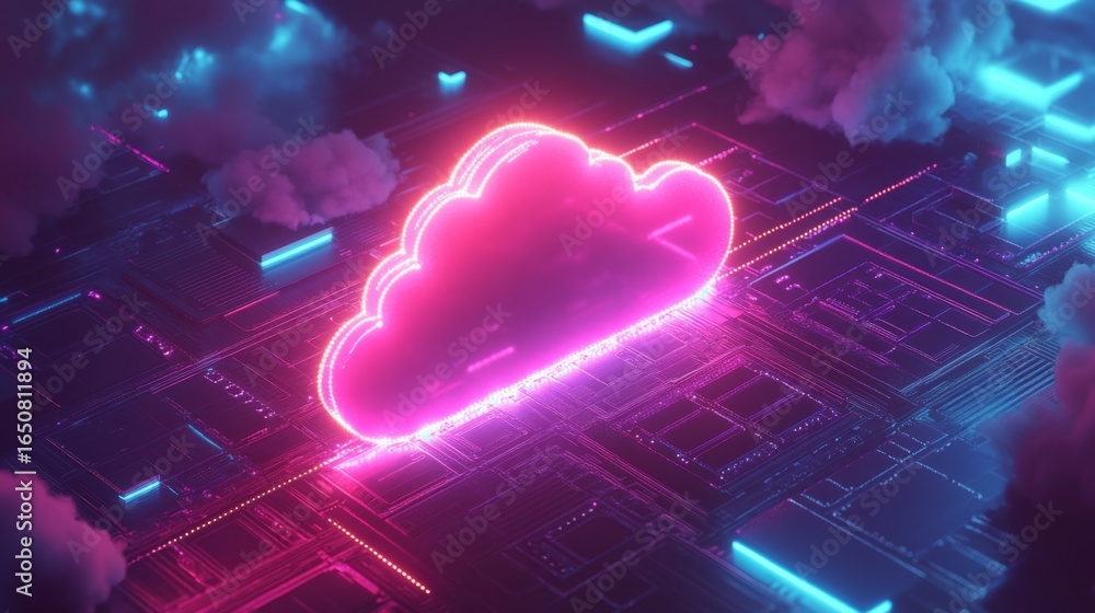 Poster illuminating cloud computing network a vibrant display of technology in digital space