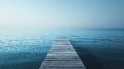 A long wooden pier extends into a calm, blue lake under a serene sky.