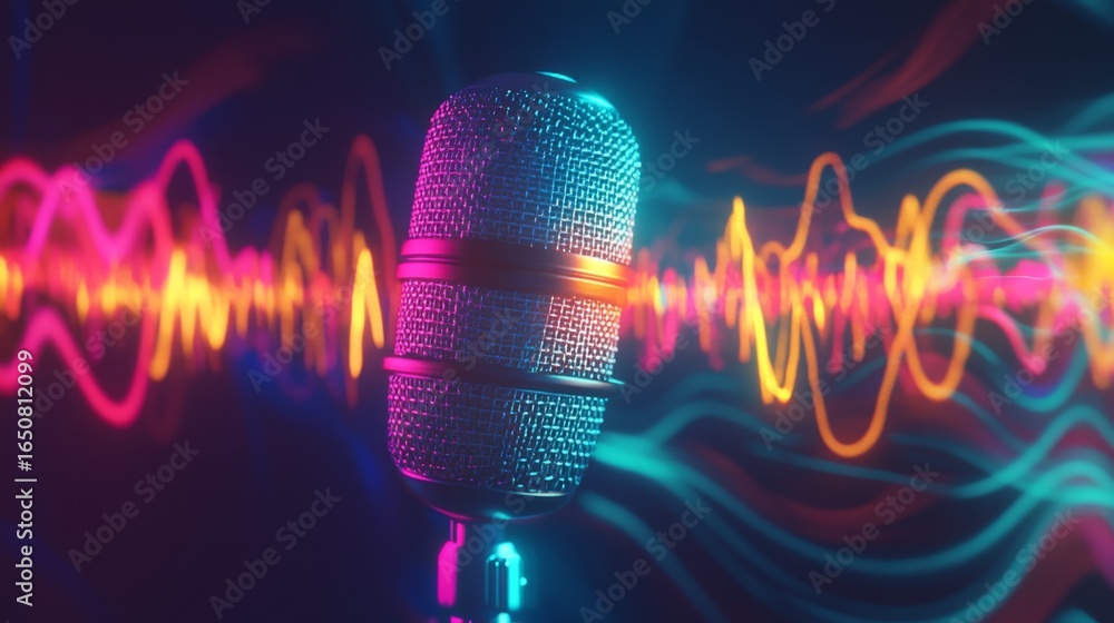 Poster vibrant soundwaves capture an energetic atmosphere with a glowing microphone in a dynamic studio env