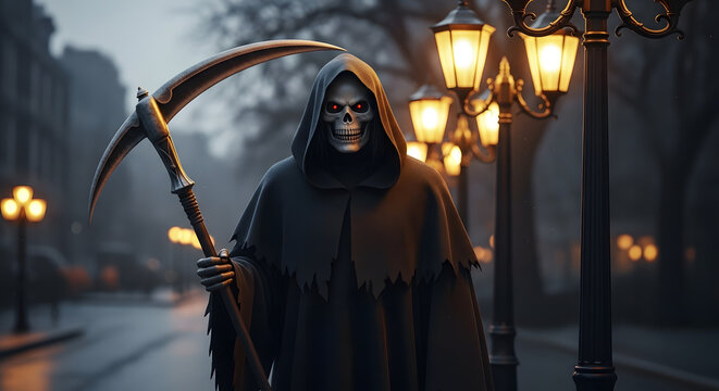 A grim reaper in a black cloak holding a scythe stands on a street lined with glowing street lamps - Powered by Adobe