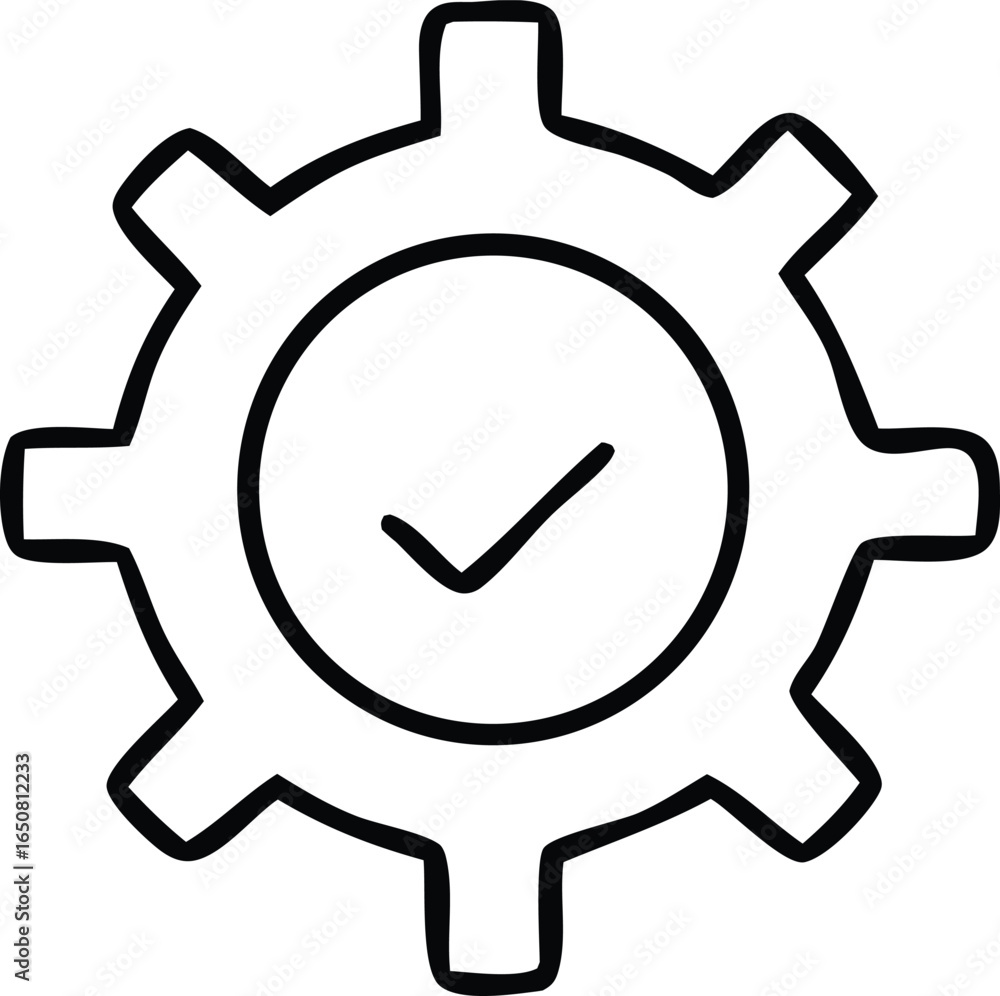 Poster A simple black and white line drawing of a gear with a checkmark inside symbolizing successful operation or completion