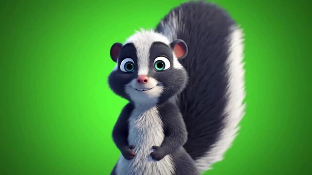 Animated skunk character with a playful expression against a bright green background
