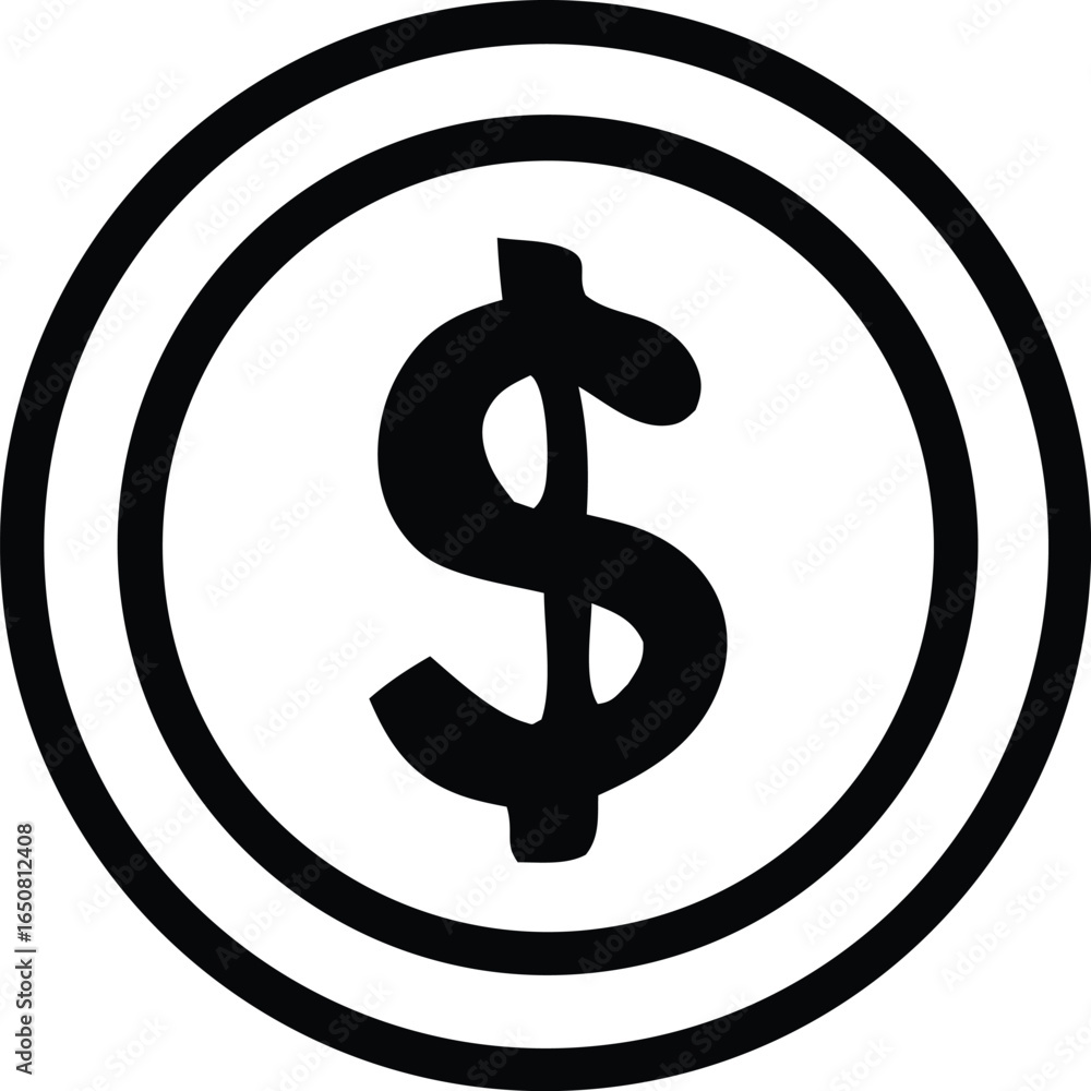 Poster simple black and white icon of a dollar sign centered within concentric circles representing a coin