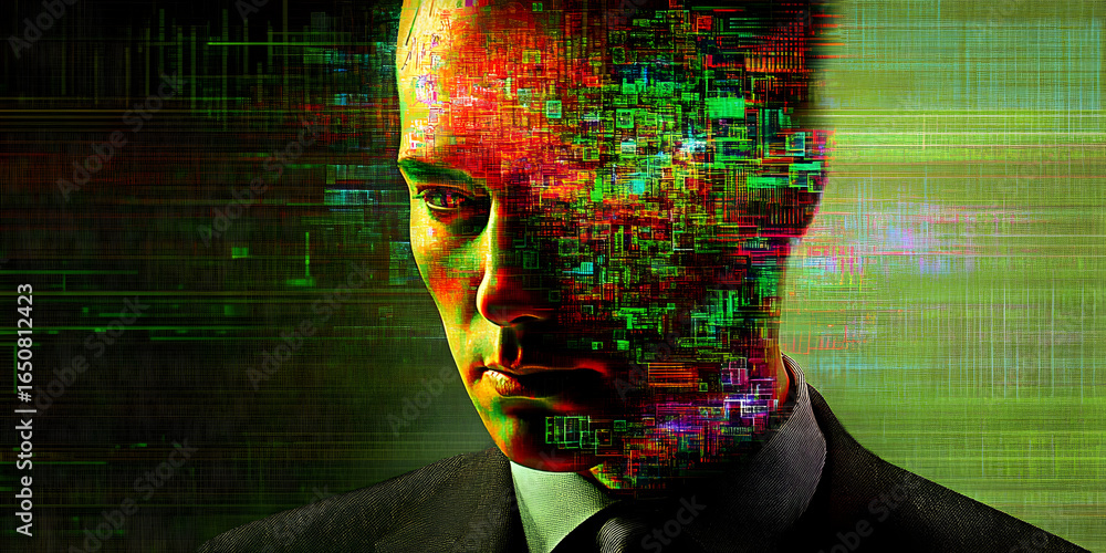 Poster man in suit with digital data dissolving on face, representing artificial intelligence and virtual r