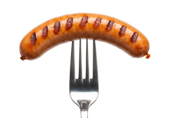 Grilled sausage on fork close up food photography high contrast transparent background culinary image delicious meat simple design