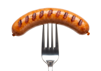 Grilled sausage on fork close up food photography high contrast transparent background culinary image delicious meat simple design