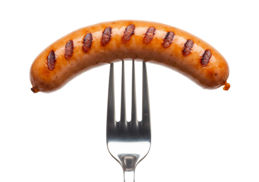 Grilled sausage on fork close up food photography high contrast transparent background culinary image delicious meat simple design
