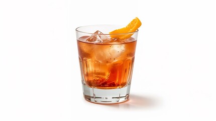 Negroni cocktail with ice and orange garnish on white background