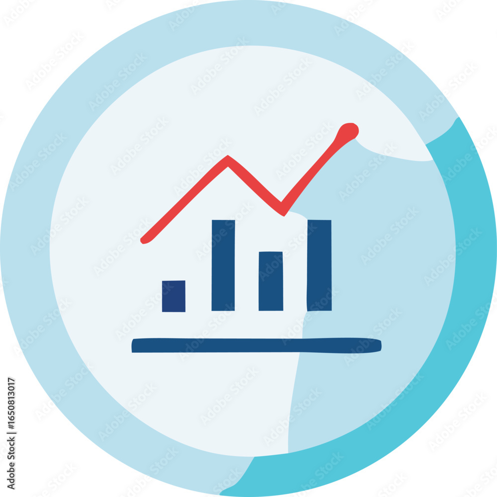 Poster a simple modern circular icon depicting a rising bar graph with a red line chart indicating positive