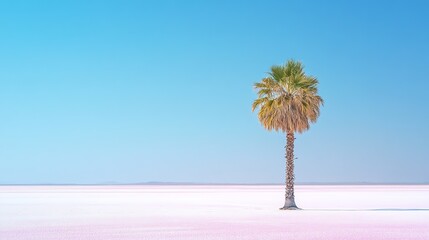 Obraz premium A single palm tree stands on a pink salt flat under a clear blue sky.