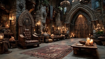 Fototapeta premium Majestic medieval throne room with candlelight high resolution photo