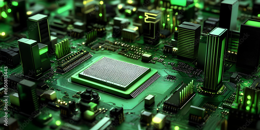 Fototapete close up view of a microchip on a green circuit board. concept of computer hardware component for te