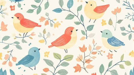 Playful birds and a bright nature pattern whimsical design for children’s joyful environment