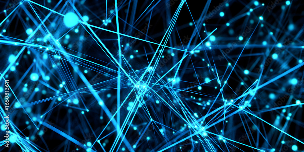 Poster abstract technology background with glowing blue lines and interconnected dots. digital network comm