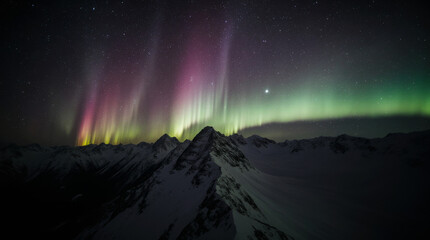 Generative AI Aurora Borealis over Snowy Mountain Range Aurora borealis Northern lights Mountain range Snow Night Stars Sky Winter Landscape Scenic Alaska Canada Dark Peak - High Quality